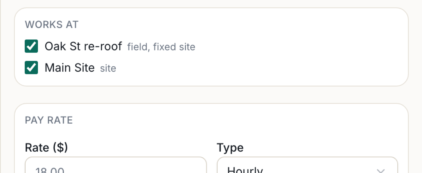 The Works at section of an employee with a job site and the main site ticked