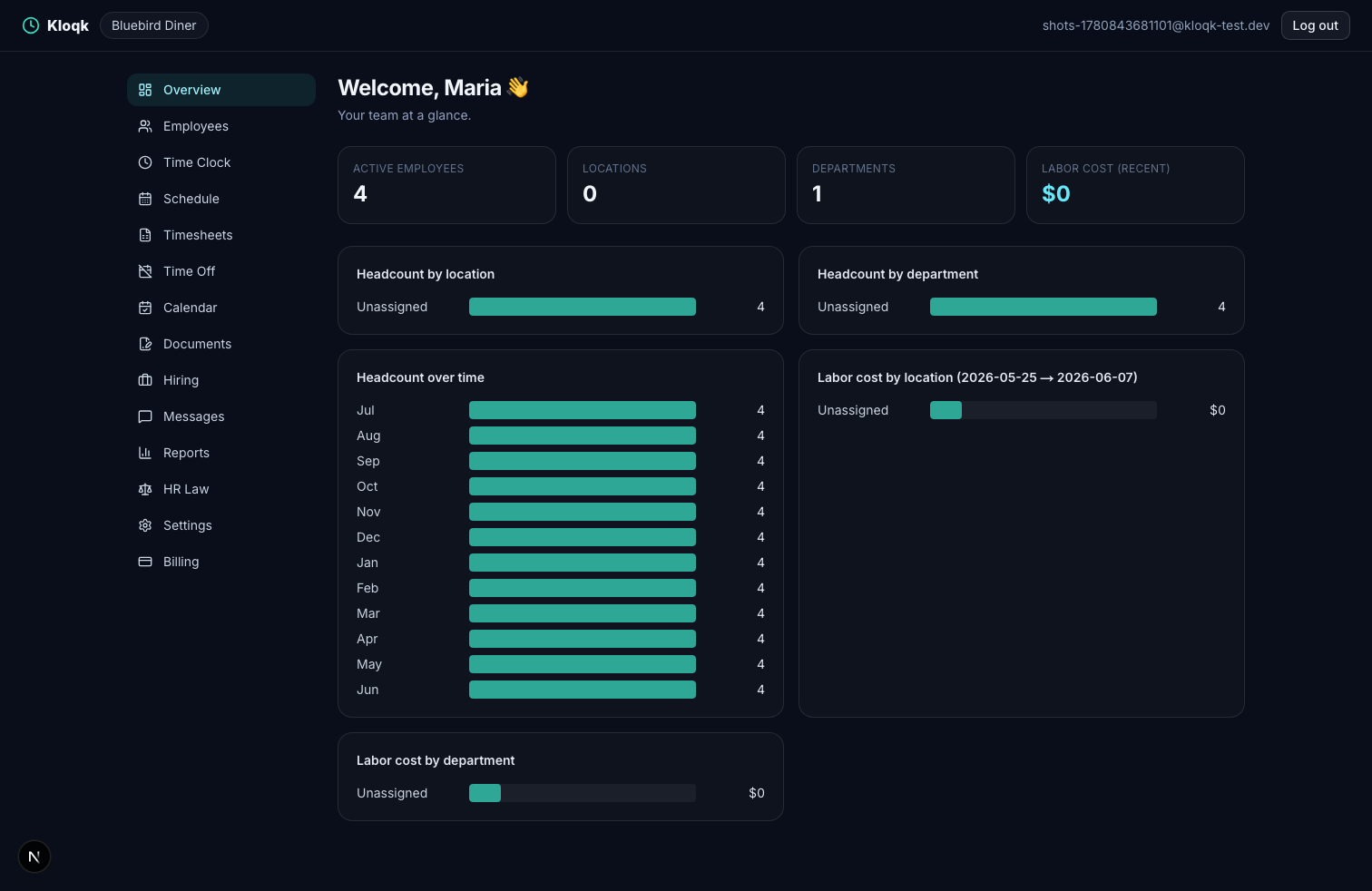 Your whole team at a glance — screenshot of the Kloqk free time clock software