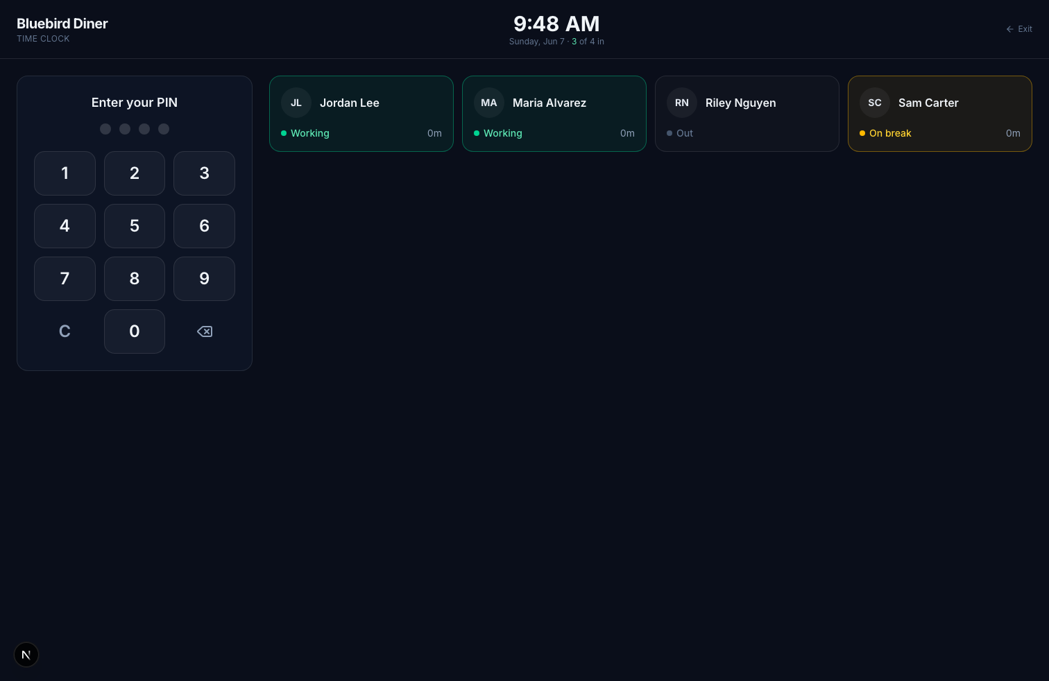 Turn any tablet into a time clock — screenshot of the Kloqk free time clock software