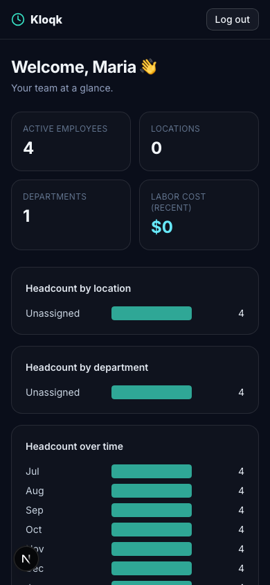 Punch from the field — verified by GPS — screenshot of the Kloqk free time clock software