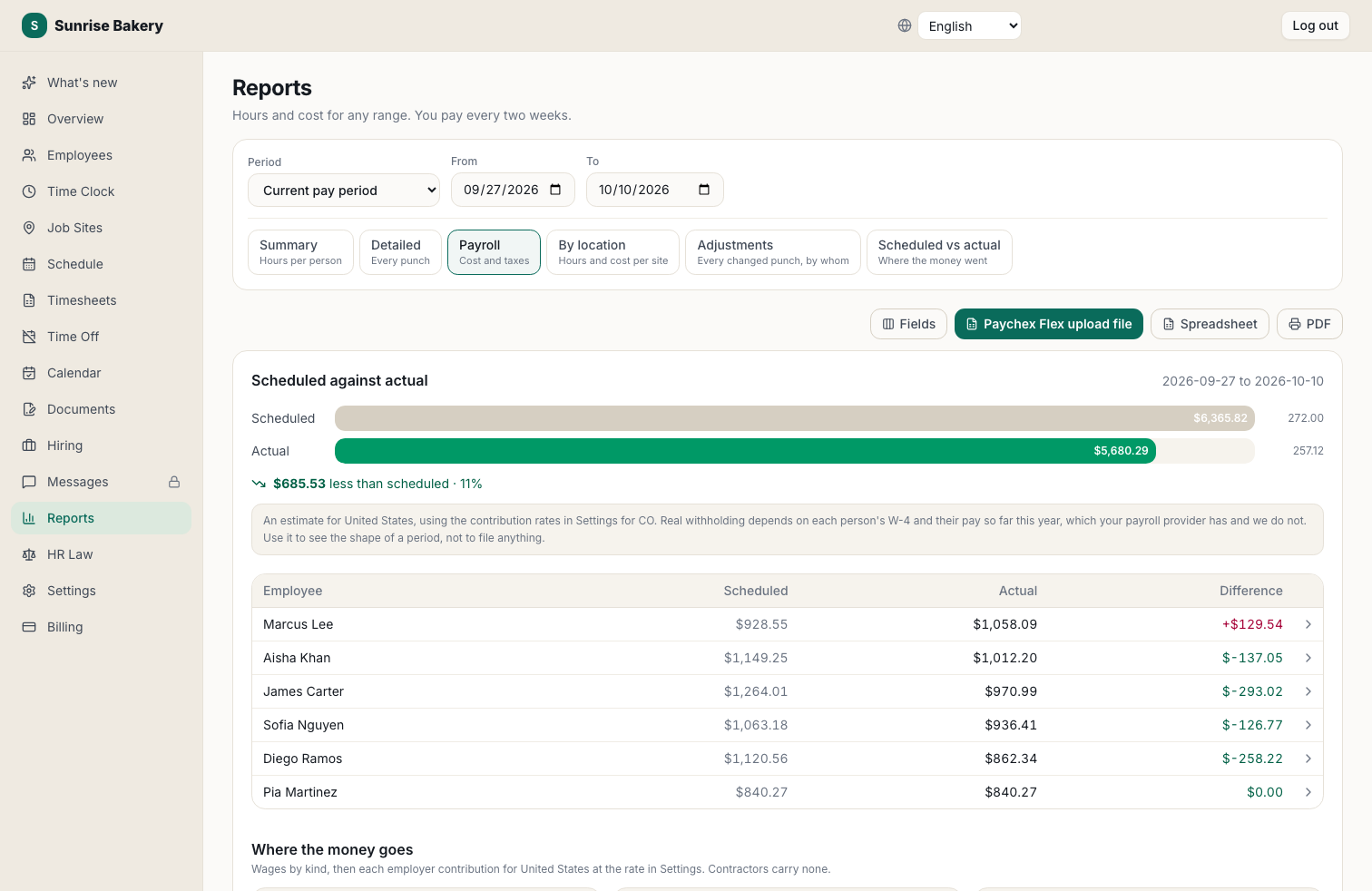 Paychex time clock in Kloqk, a screenshot of the free employee time clock software