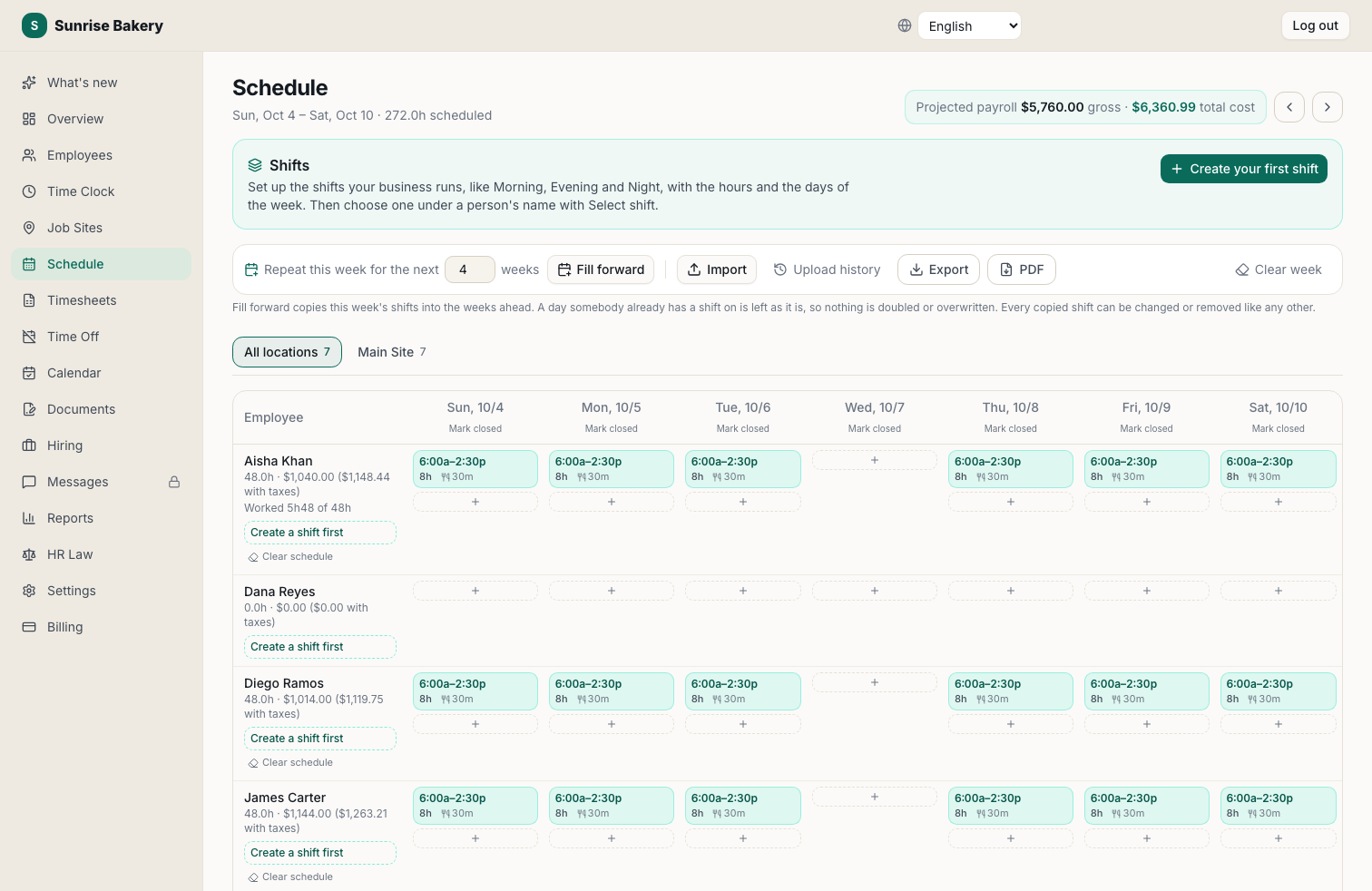 Build the week in minutes, then compare it to what was worked, screenshot of the Kloqk free time clock software