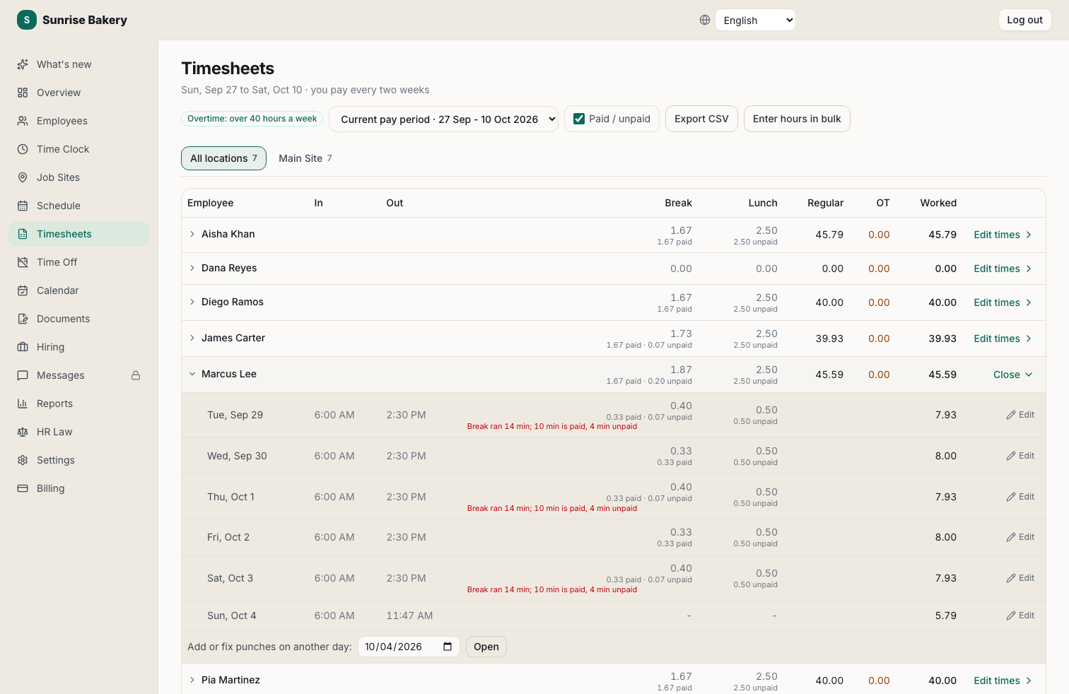 Overtime & break tracking in Kloqk, a screenshot of the free employee time clock software