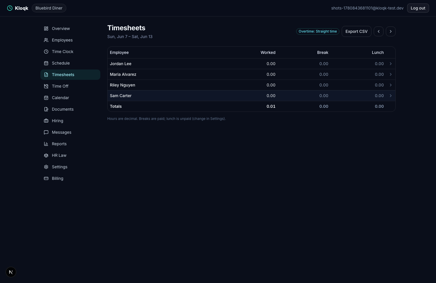Payroll-ready hours, done for you — screenshot of the Kloqk free time clock software